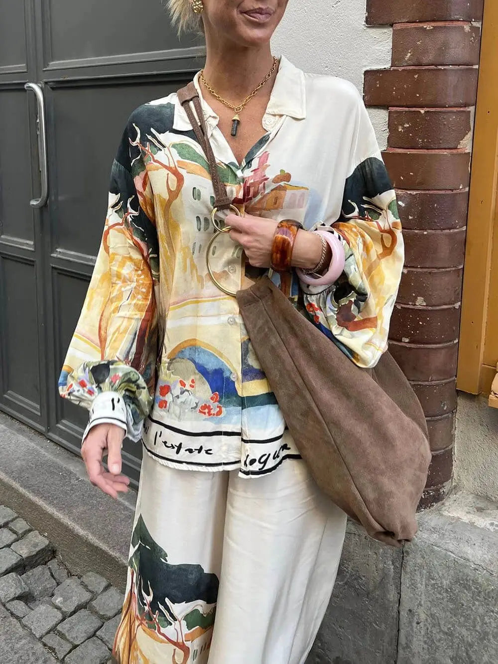 Fashion Printed 2 Piece Set Loose Lapel Buttoned Long Sleeved Shirt Elastic Waist Wide Leg Trousers Suit Spring Commuter Set