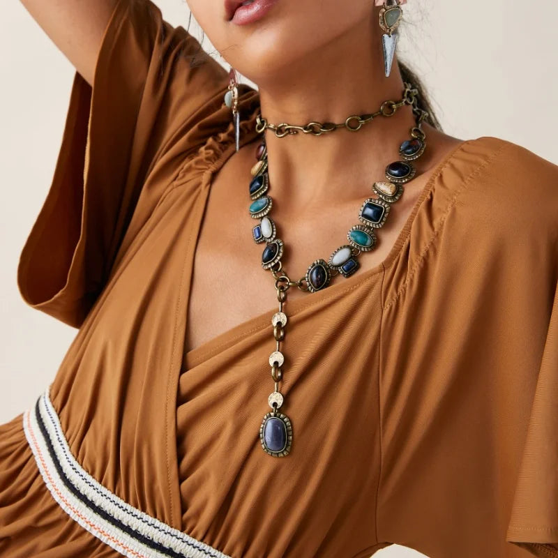 Indian Ethnic Vintage Statement Resin Stone Necklace Women Bohemian Retro Maxi Long Sweater Chain Necklaces Female Jewelry