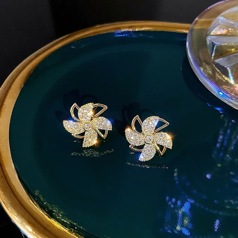 Trendy New Korean Cute Rotating Windmill Drop Earrings For Women Charm Romantic Luxury Zirconia Geometric Earrings Jewelry Gifts