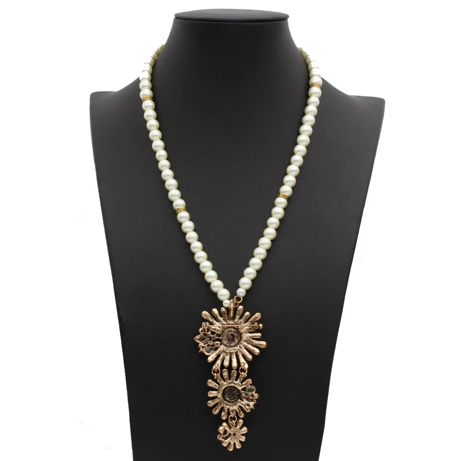 Ethnic Turkish Women Bead Flower Necklace Antique Gold Color Resin Combination Necklace Indian Wedding Colorful Crystal Jewelry