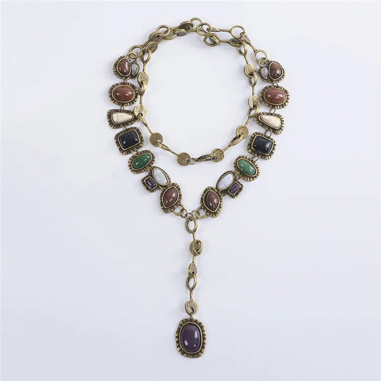 Indian Ethnic Vintage Statement Resin Stone Necklace Women Bohemian Retro Maxi Long Sweater Chain Necklaces Female Jewelry