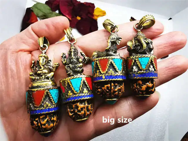 Indian Ganesh Amulet Pendants Pocket Buddha Brass Golden Handicrafts Capped Rudraksha Bodhi Beads TBP661