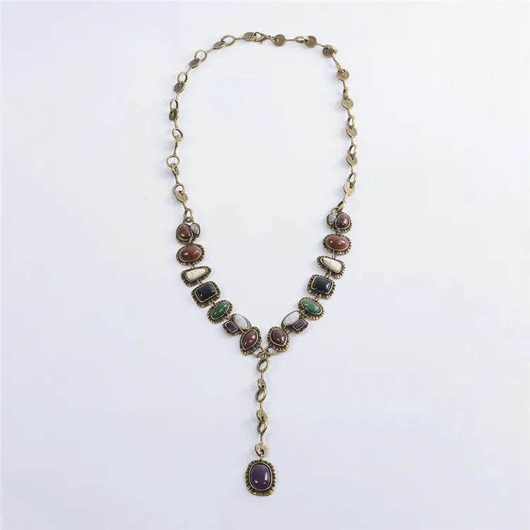 Indian Ethnic Vintage Statement Resin Stone Necklace Women Bohemian Retro Maxi Long Sweater Chain Necklaces Female Jewelry