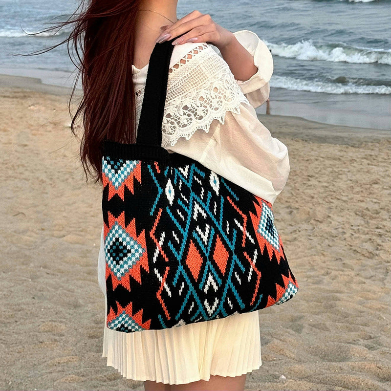 Cross-Border Encrypted Text Delivery Ethnic Style Handbags Women's Bags Woolen Bags Women's Knitted Bags Tote Bags Weaving Trend