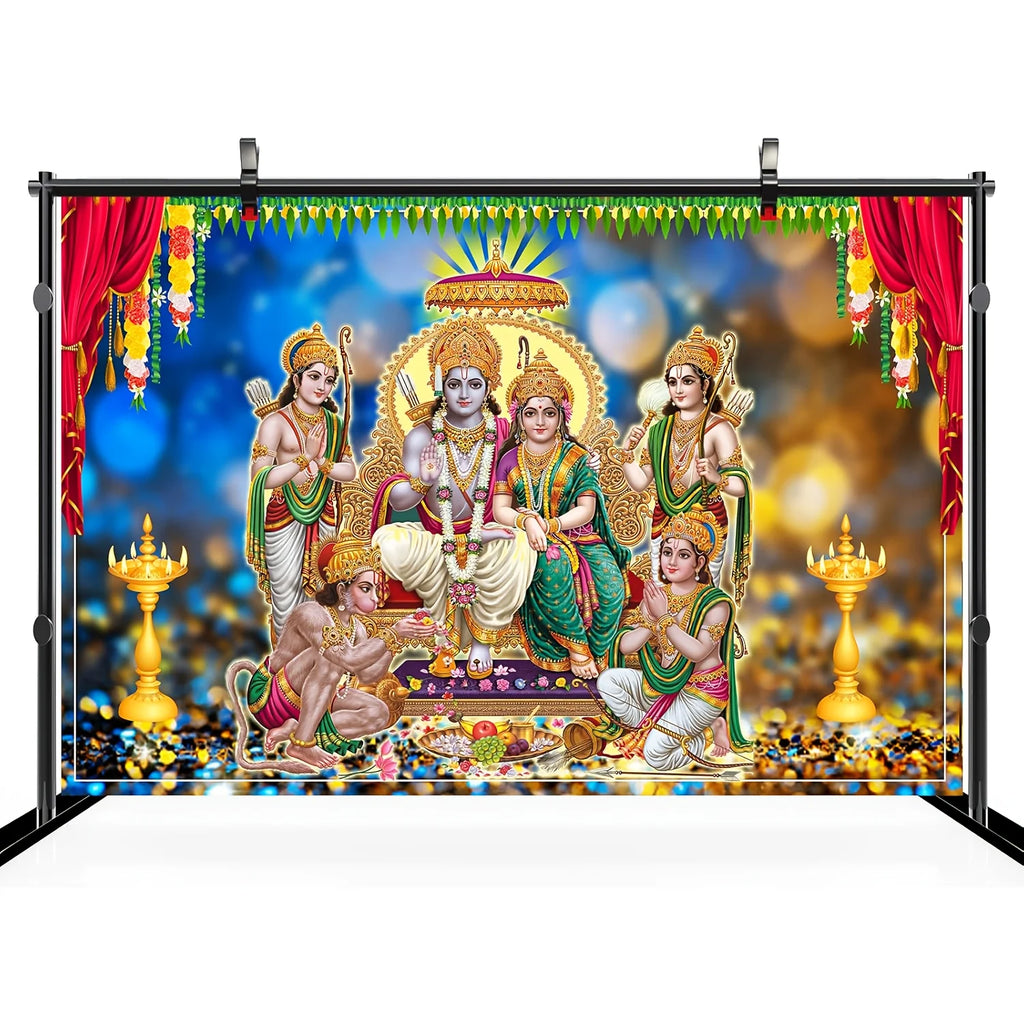 Indian Hindu deity background - including elephant head god, Ram Sita, and Hanuman - bright vinyl temple decorations