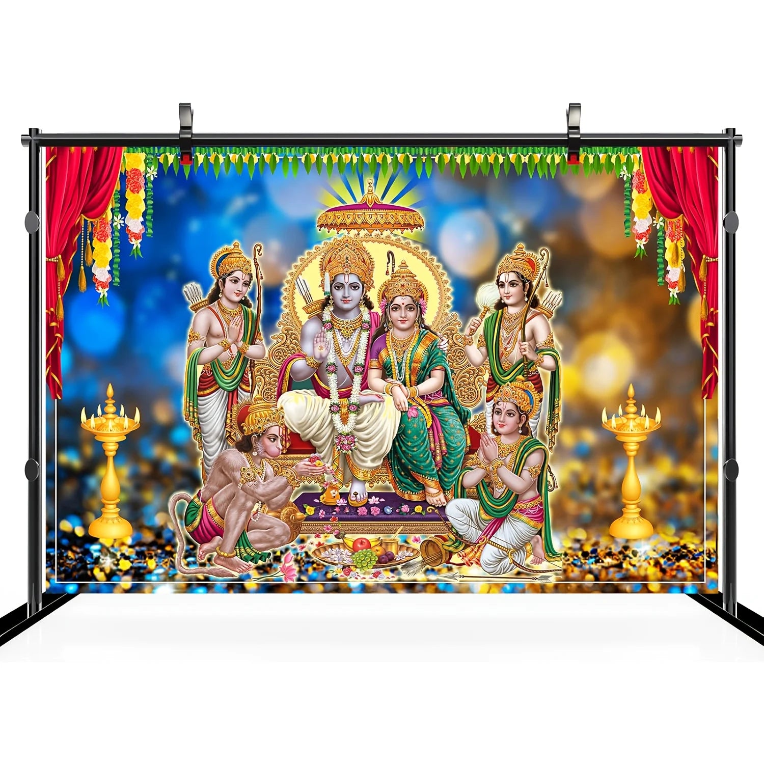 Indian Hindu deity background - including elephant head god, Ram Sita, and Hanuman - bright vinyl temple decorations