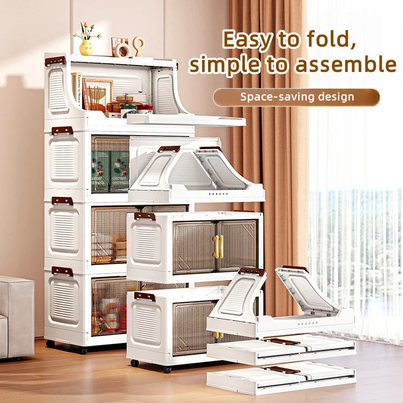 Large Foldable Flip-Top Transparent Storage Cabinet with Wheels - Space-Saving Mobile Organizer for Kitchen Bedroom Living Room