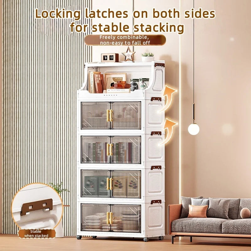 Large Foldable Flip-Top Transparent Storage Cabinet with Wheels - Space-Saving Mobile Organizer for Kitchen Bedroom Living Room