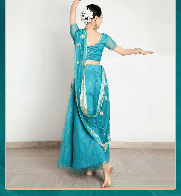 Exotic Indian Dance Costume Ethnic Style Women's Bollywood Belly Dance Dress Sari Top Large Swing Skirt Lengha Set