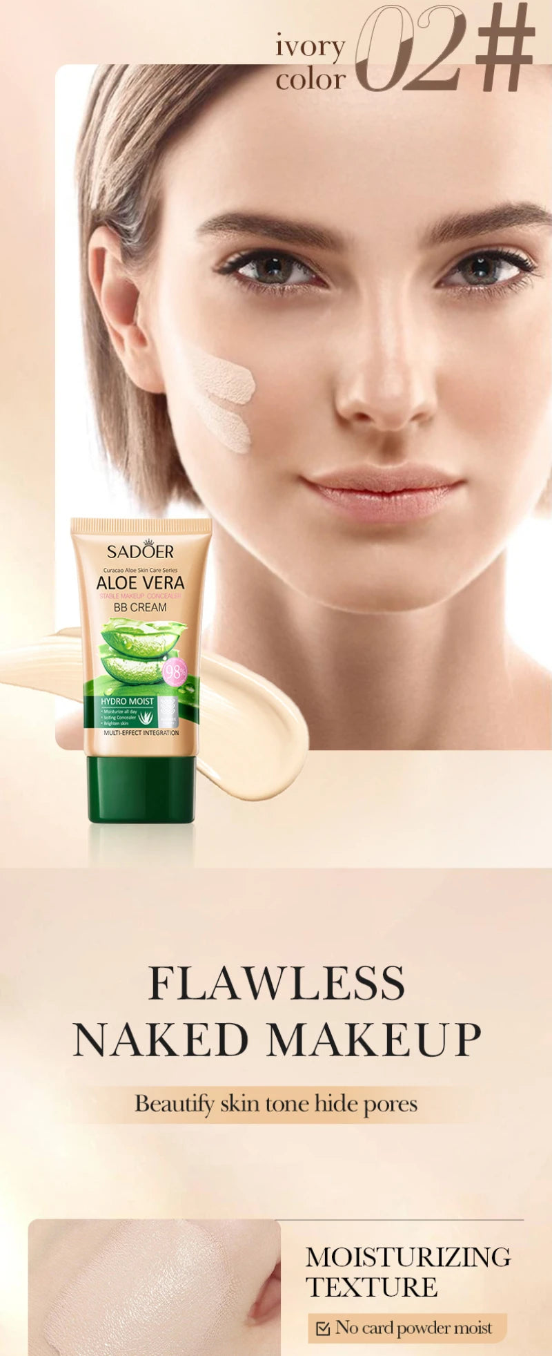 Aloe Vera BB Cream-Hydrating & Concealing Collagen Full Coverage Foundation Makeup,Long-Lasting,Lightweight Coverage Concealer