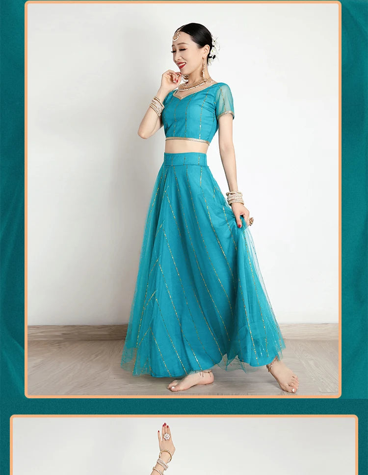 Exotic Indian Dance Costume Ethnic Style Women's Bollywood Belly Dance Dress Sari Top Large Swing Skirt Lengha Set