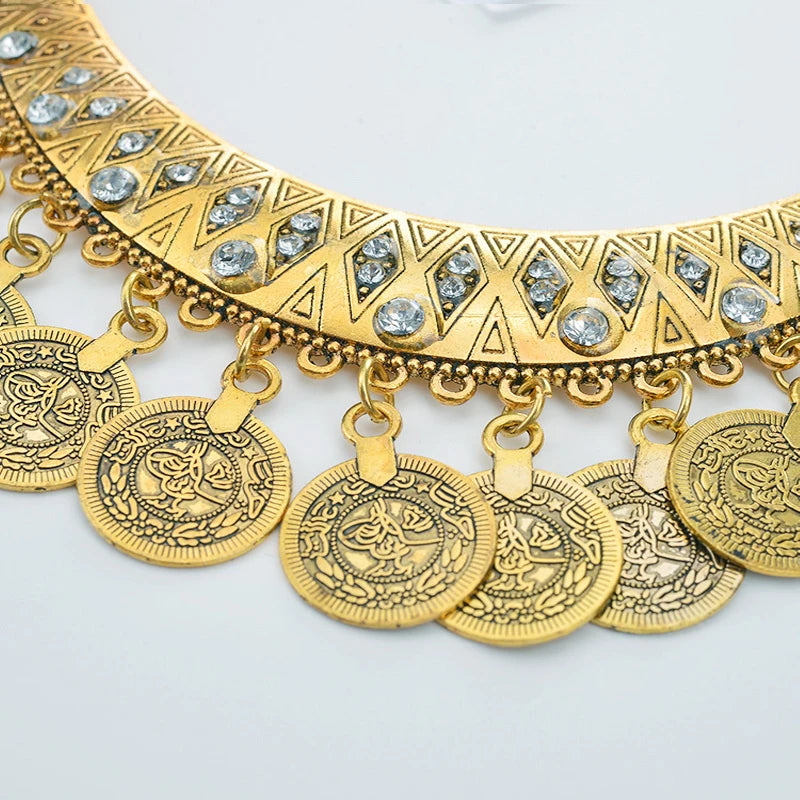 Ethnic Gypsy Tribal Boho Choker Necklaces For Women Vintage Statement Coin Tassel Rhinestone Necklace Earrings Jewelry Sets