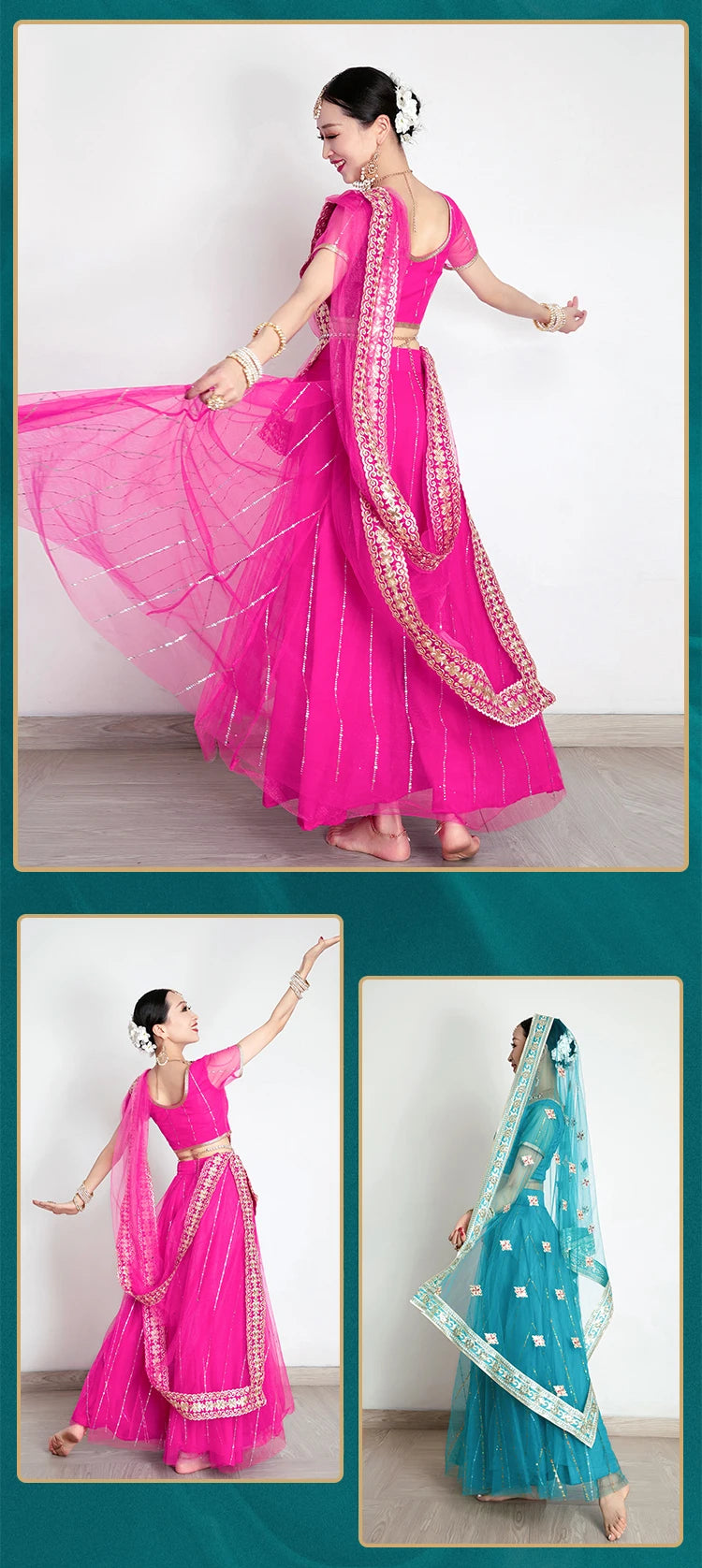 Exotic Indian Dance Costume Ethnic Style Women's Bollywood Belly Dance Dress Sari Top Large Swing Skirt Lengha Set