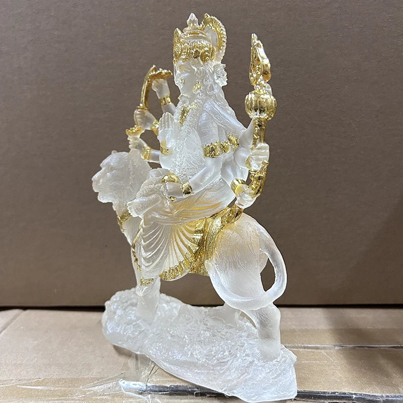 Indian Statue of Difficult To Approach Mother Durga Riding A Tiger and Lion Offering Resin Water Glass Ornament