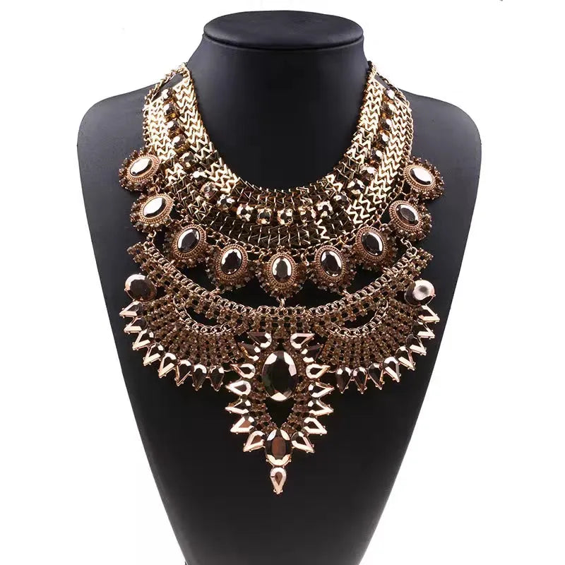 Indian Ethnic Statement Large Necklace Women Fashion Crystal Rhinestone Maxi Long Collar Big Bib Choker Necklace Boho Jewelry