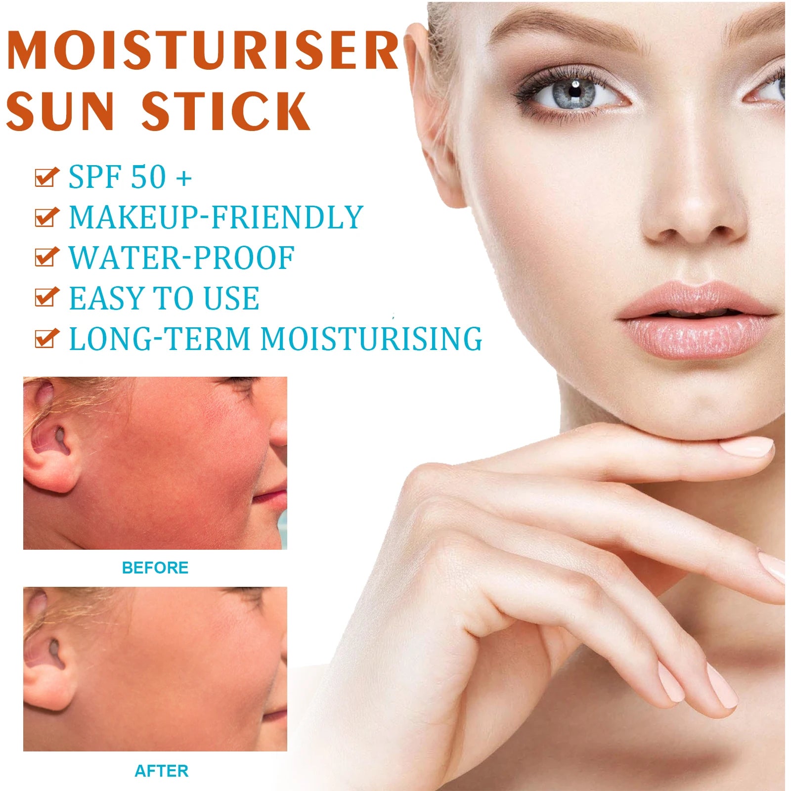 SPF50+ Sunscreen Face Cream Solar Blocker Skin Cream Anti UV Sun Block Facial Mild Moisturizer Stick Sweat Resistant Sunblock