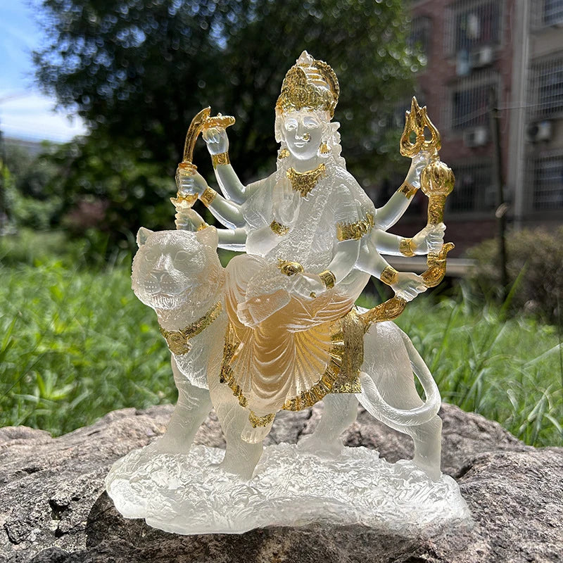 Indian Statue of Difficult To Approach Mother Durga Riding A Tiger and Lion Offering Resin Water Glass Ornament