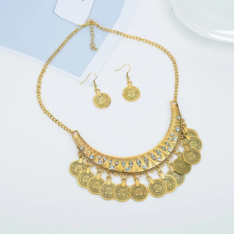 Ethnic Gypsy Tribal Boho Choker Necklaces For Women Vintage Statement Coin Tassel Rhinestone Necklace Earrings Jewelry Sets