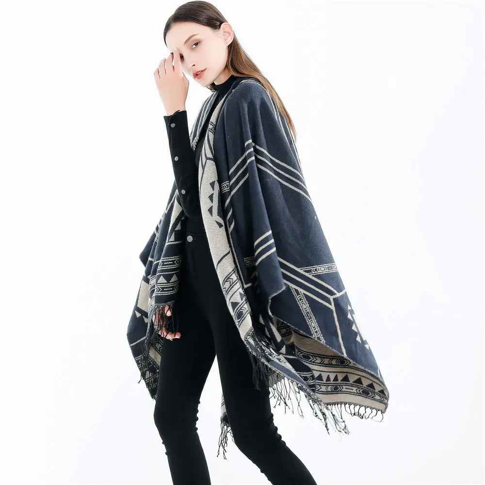 New Indian Nepalese Style Geometric Tassel Split Women Shawl Warm Air Conditioning Room Lady Cloak Poncho Capes Black Khaki