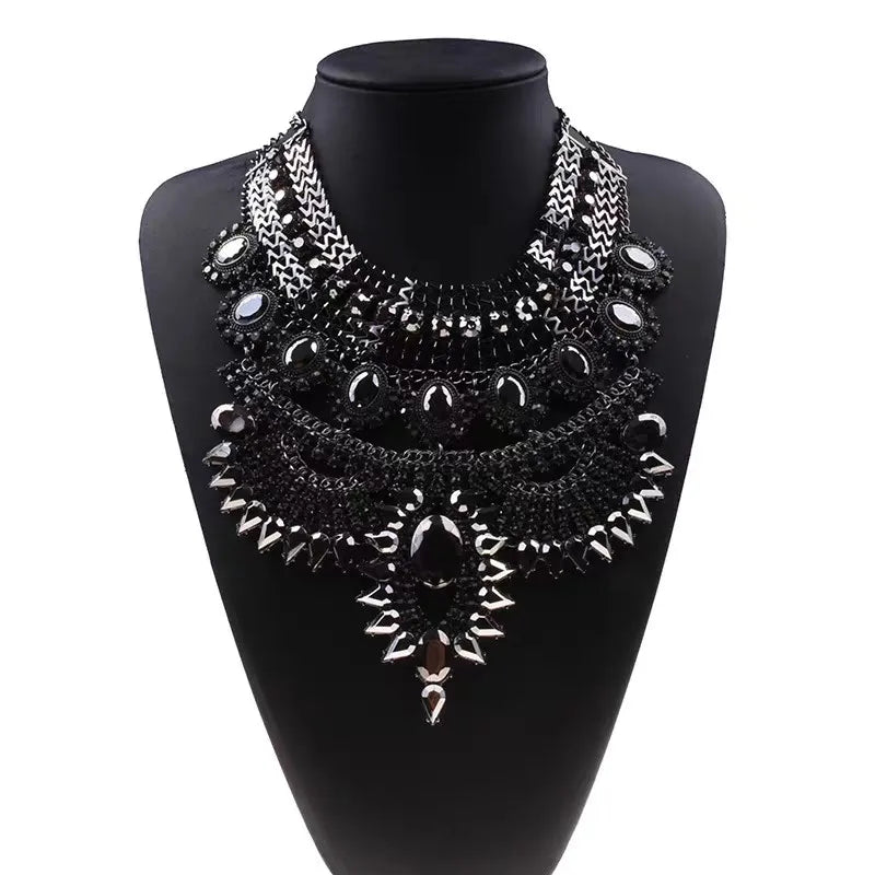 Indian Ethnic Statement Large Necklace Women Fashion Crystal Rhinestone Maxi Long Collar Big Bib Choker Necklace Boho Jewelry