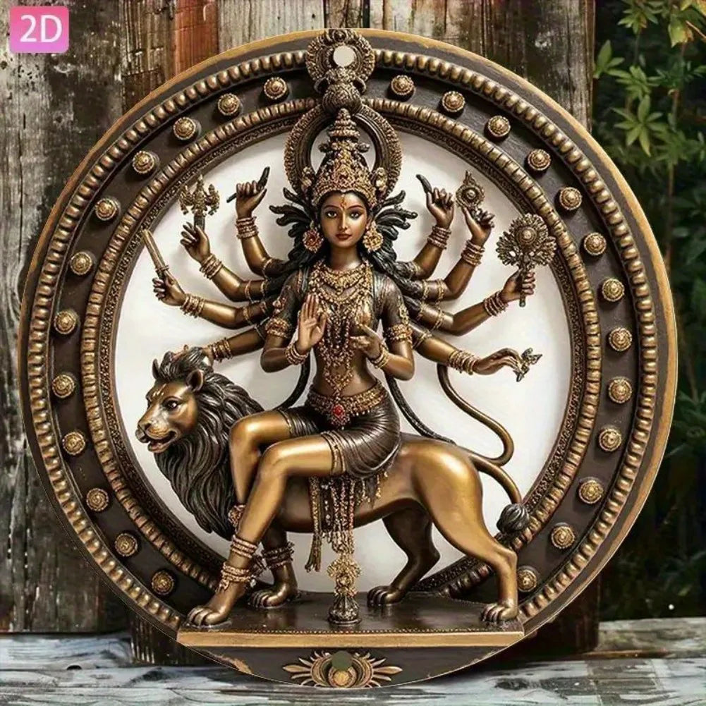1pc Vintage Hindu Goddess Durga Statue - Aluminum Wall Art Plaque with Lion mount, Golden & Black Indian deity Decor for Home