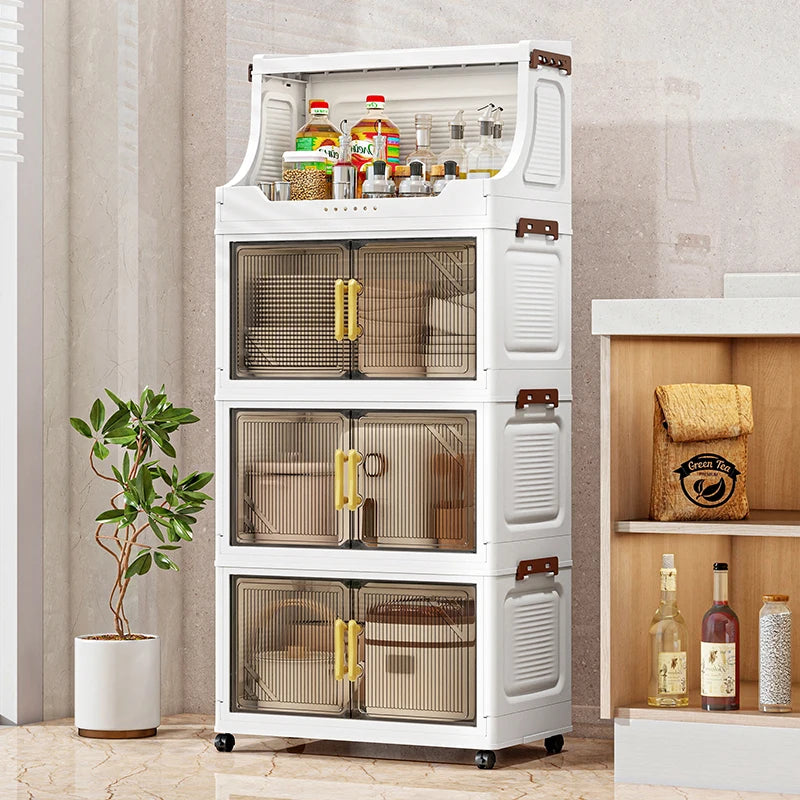 Large Foldable Flip-Top Transparent Storage Cabinet with Wheels - Space-Saving Mobile Organizer for Kitchen Bedroom Living Room