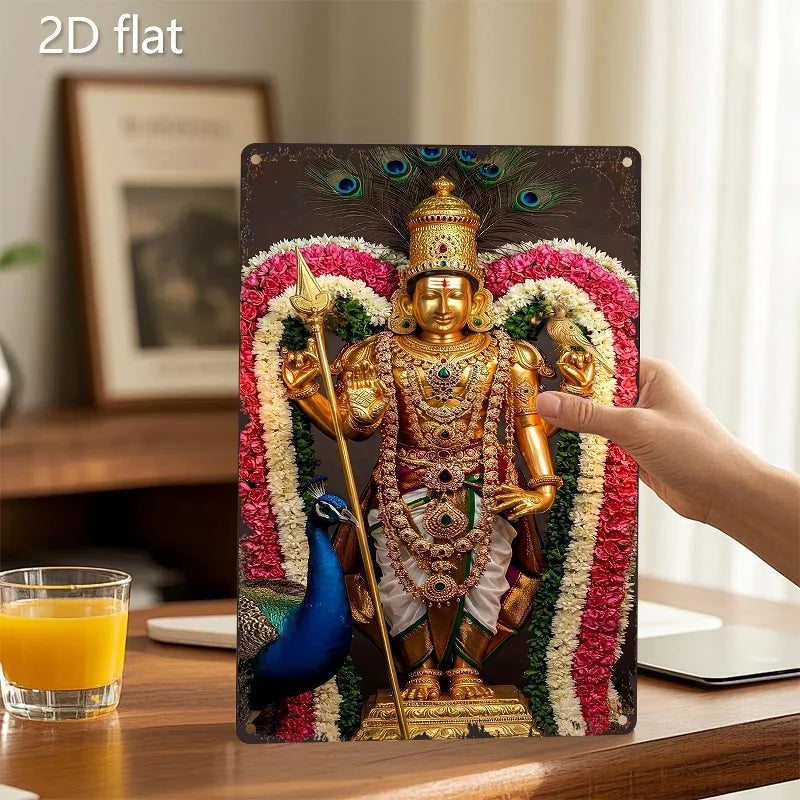 Vibrant Indian Deity Statue with Peacock, 2D Flat Metal Wall Art, Weather-Resistant Aluminum Decor for Home, Bar, 7.87x11.8 Inch