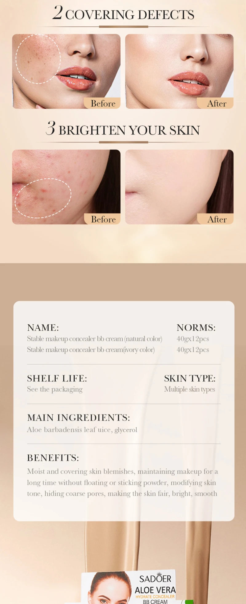 Aloe Vera BB Cream-Hydrating & Concealing Collagen Full Coverage Foundation Makeup,Long-Lasting,Lightweight Coverage Concealer