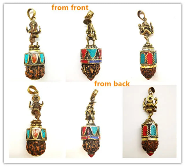 Indian Ganesh Amulet Pendants Pocket Buddha Brass Golden Handicrafts Capped Rudraksha Bodhi Beads TBP661