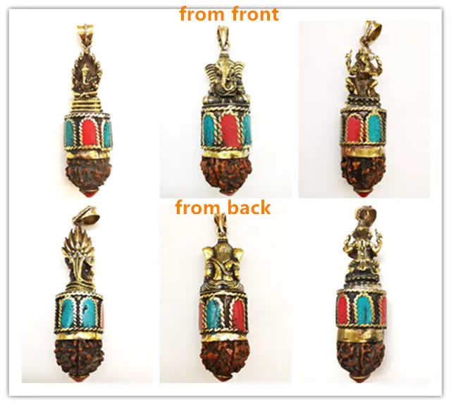 Indian Ganesh Amulet Pendants Pocket Buddha Brass Golden Handicrafts Capped Rudraksha Bodhi Beads TBP661