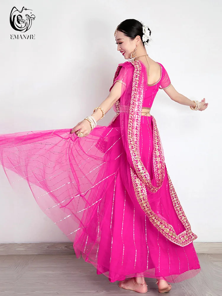Exotic Indian Dance Costume Ethnic Style Women's Bollywood Belly Dance Dress Sari Top Large Swing Skirt Lengha Set
