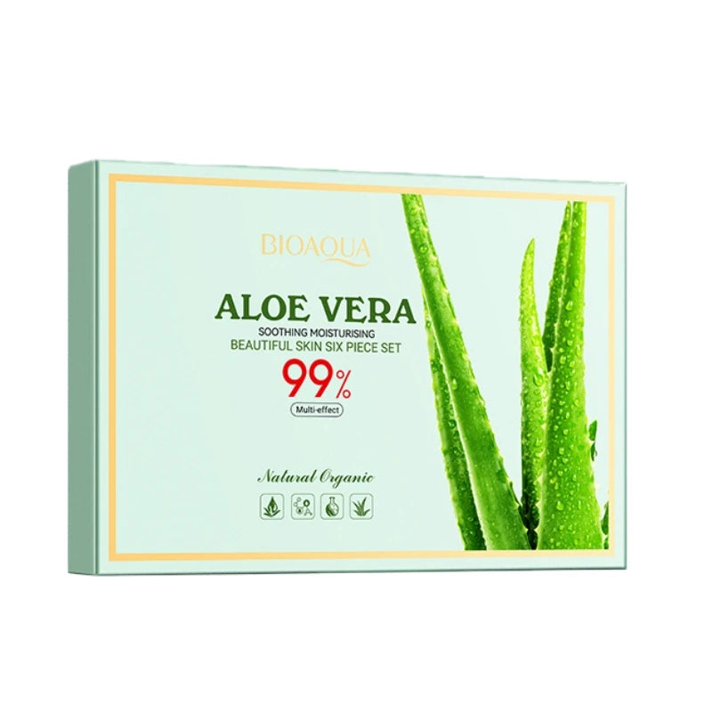 Aloe Vera Moisturizing and Beautifying Six-Piece Skincare Set, Including Facial Cleanser, Toner, Lotion, Essence, Face Cream, Eye Cream, Contains Sodium Hyaluronate, Aloe Vera Extract, and Other Ingredients, Daily Skincare Ro