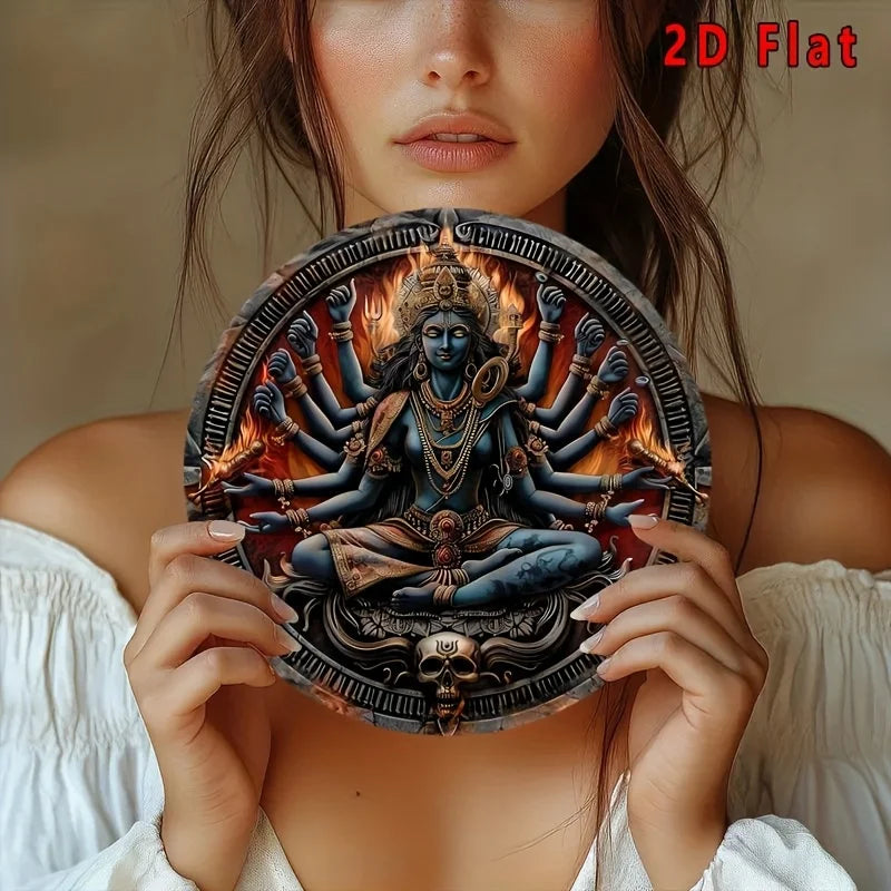 2D Flat Hindu Goddess Kali Multi-Armed Deity Round Metal Tin Sign - Spiritual Indian Mythology Themed Wall Decor, Mystical Relig