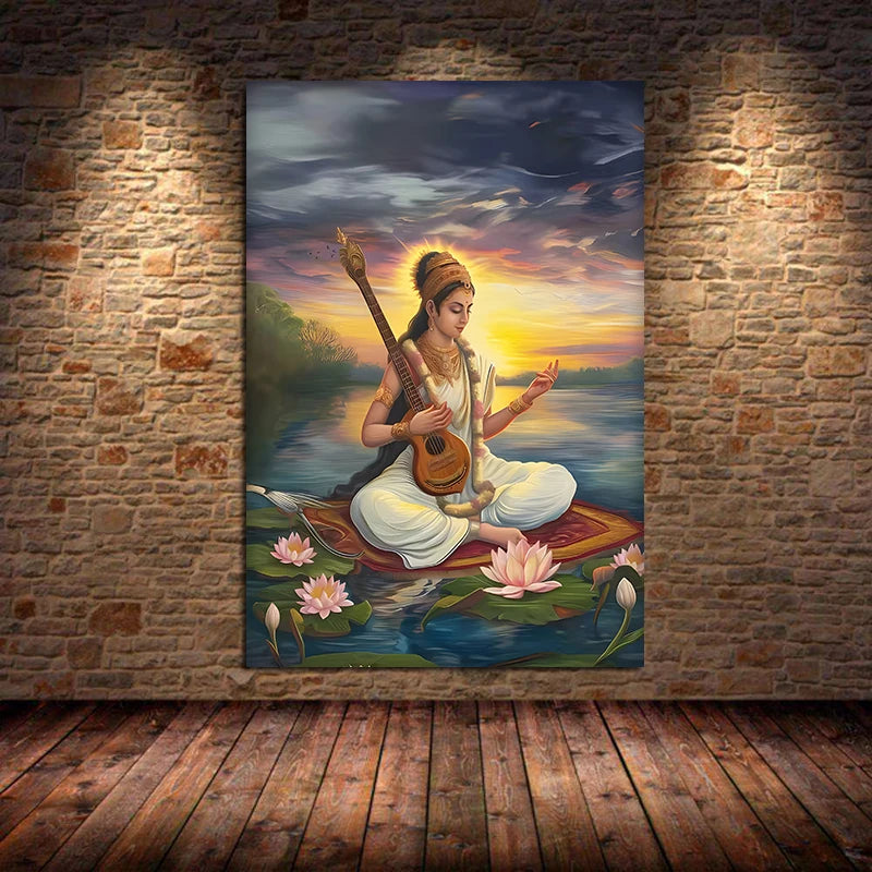 Indian Hindu Gods Lord Shiva Yoga Divine Goddess Saraswati Meditation Rt Poster Canvas Painting Wall Prints Picture Home Decor