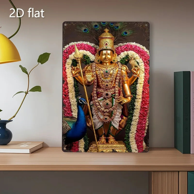 Vibrant Indian Deity Statue with Peacock, 2D Flat Metal Wall Art, Weather-Resistant Aluminum Decor for Home, Bar, 7.87x11.8 Inch