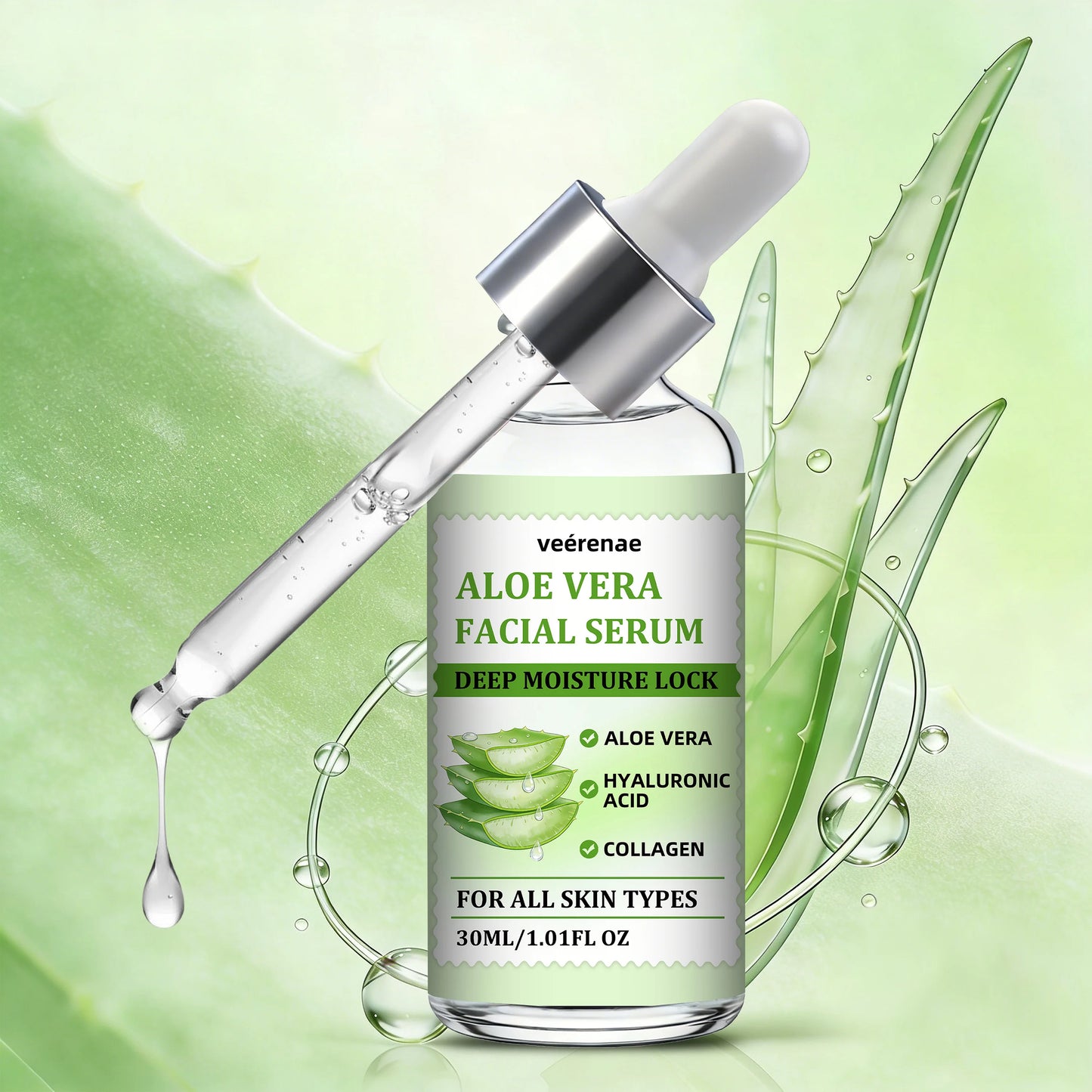 veérenae ALOE VERA FACIAL SERUM - Hydrating & Soothing, Oil‑Free, Quick‑Absorbing & Non‑Greasy, Perfect for Daily Skincare