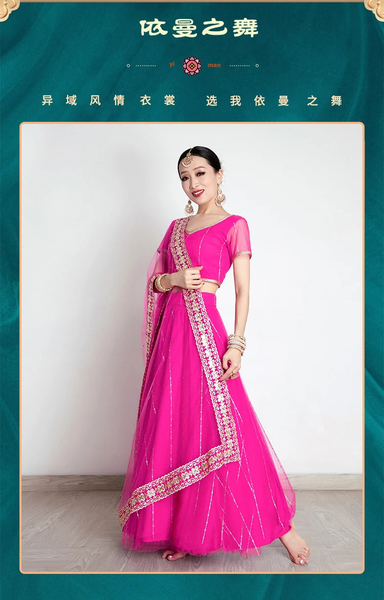 Exotic Indian Dance Costume Ethnic Style Women's Bollywood Belly Dance Dress Sari Top Large Swing Skirt Lengha Set