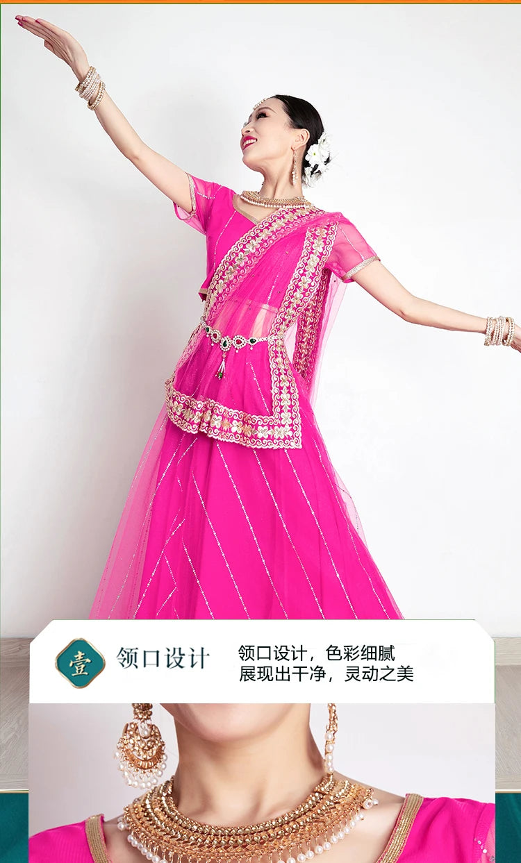 Exotic Indian Dance Costume Ethnic Style Women's Bollywood Belly Dance Dress Sari Top Large Swing Skirt Lengha Set