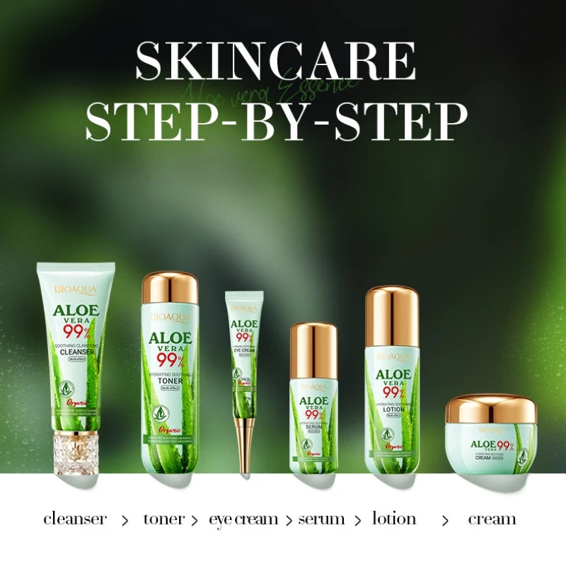 Aloe Vera Moisturizing and Beautifying Six-Piece Skincare Set, Including Facial Cleanser, Toner, Lotion, Essence, Face Cream, Eye Cream, Contains Sodium Hyaluronate, Aloe Vera Extract, and Other Ingredients, Daily Skincare Ro