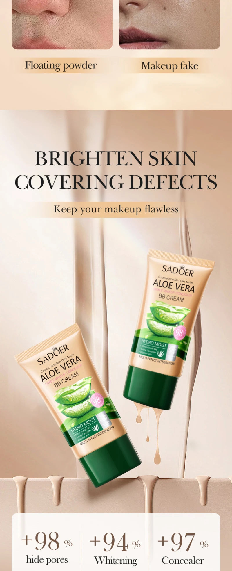 Aloe Vera BB Cream-Hydrating & Concealing Collagen Full Coverage Foundation Makeup,Long-Lasting,Lightweight Coverage Concealer