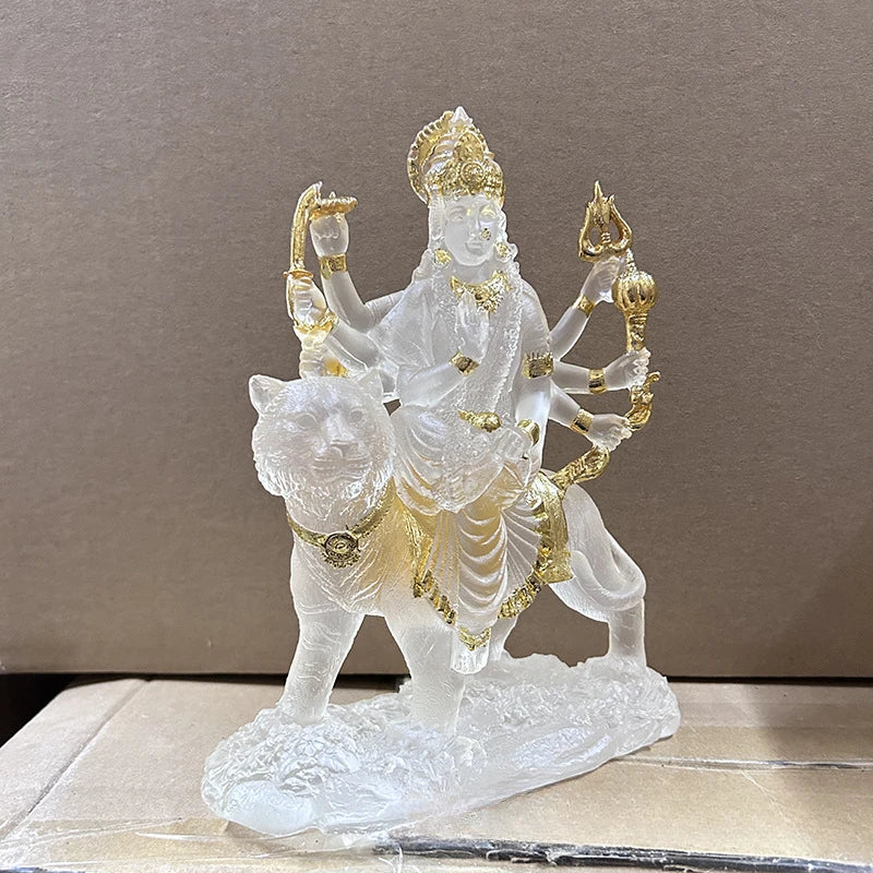 Indian Statue of Difficult To Approach Mother Durga Riding A Tiger and Lion Offering Resin Water Glass Ornament
