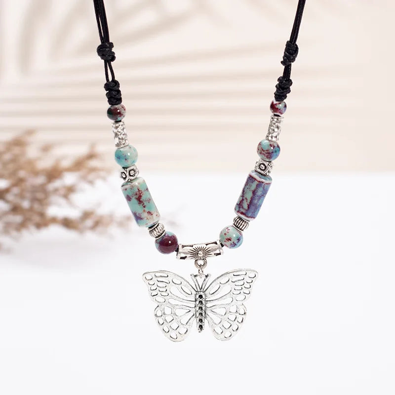 Fashion Ethnic Jewelry Traditional Handmade Ornaments Weave Wax Rope Ceramics Necklace Ceramics Beads Pendant Long Necklace