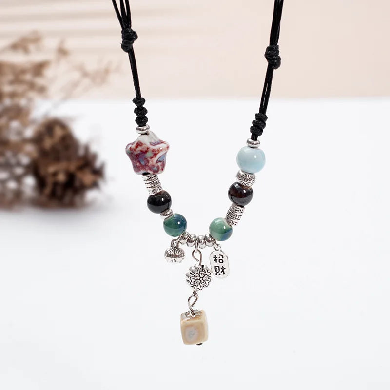 Fashion Ethnic Jewelry Traditional Handmade Ornaments Weave Wax Rope Ceramics Necklace Ceramics Beads Pendant Long Necklace