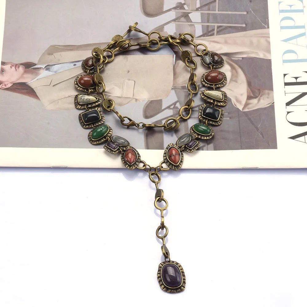 Indian Ethnic Vintage Statement Resin Stone Necklace Women Bohemian Retro Maxi Long Sweater Chain Necklaces Female Jewelry