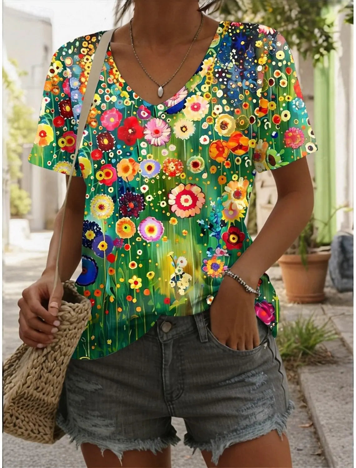 Summer Women's T Shirt Floral Graphic Plants Vintage Tropical Hawaiian Short Sleeve V Neck Regular Tops Daily Print Spring Tees