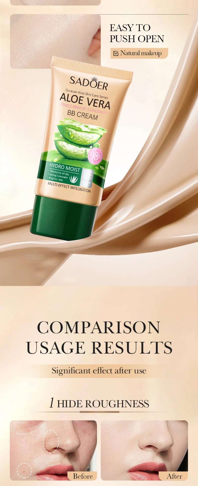 Aloe Vera BB Cream-Hydrating & Concealing Collagen Full Coverage Foundation Makeup,Long-Lasting,Lightweight Coverage Concealer