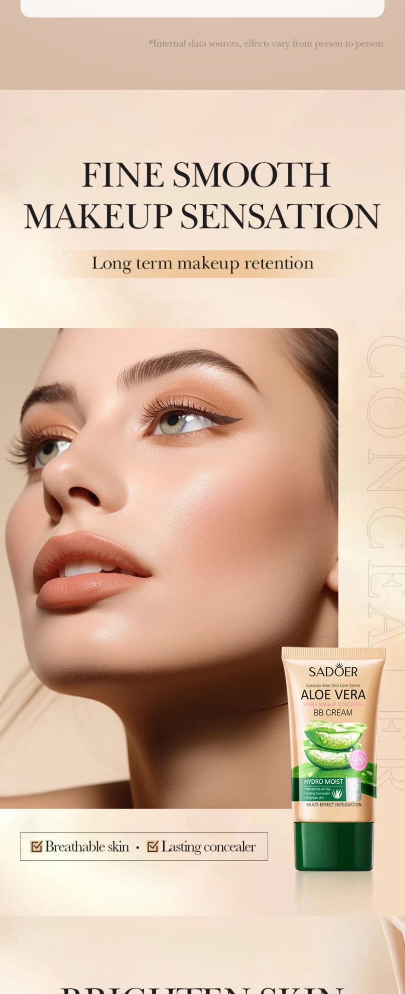 Aloe Vera BB Cream-Hydrating & Concealing Collagen Full Coverage Foundation Makeup,Long-Lasting,Lightweight Coverage Concealer