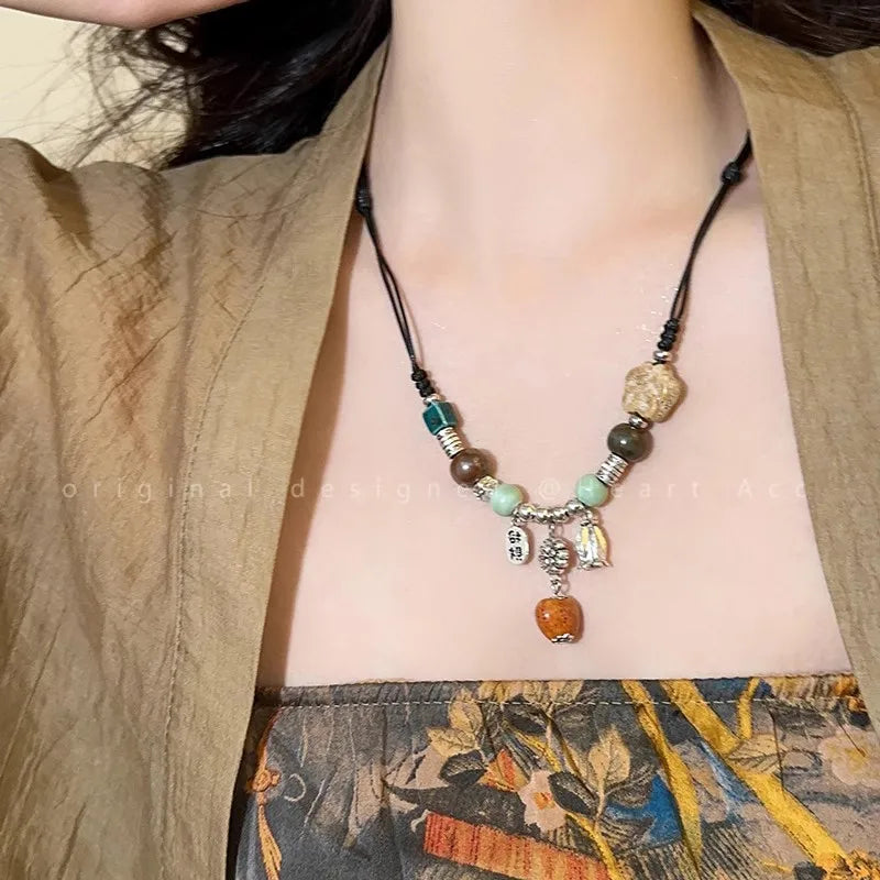 Fashion Ethnic Jewelry Traditional Handmade Ornaments Weave Wax Rope Ceramics Necklace Ceramics Beads Pendant Long Necklace