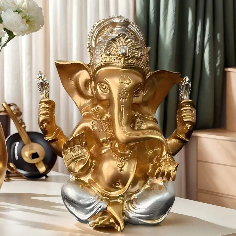 Gold Ganesh Buddha Statue Indian Elephant God Sculpture Home Living Room Garden Decoration Figurine Lucky Ornament