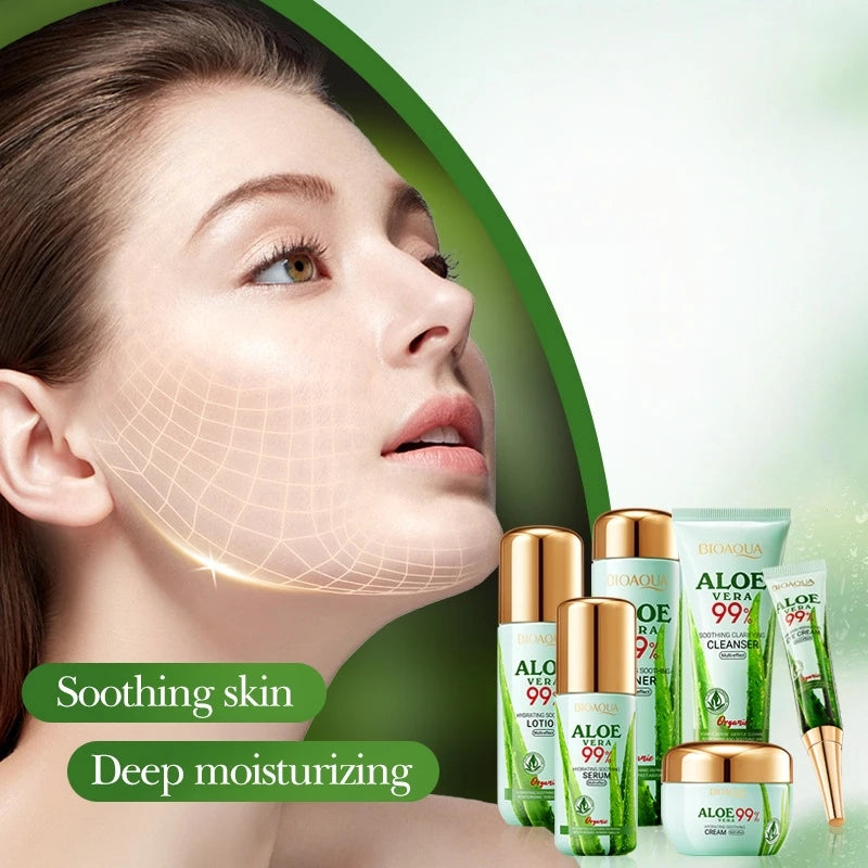 Aloe Vera Moisturizing and Beautifying Six-Piece Skincare Set, Including Facial Cleanser, Toner, Lotion, Essence, Face Cream, Eye Cream, Contains Sodium Hyaluronate, Aloe Vera Extract, and Other Ingredients, Daily Skincare Ro
